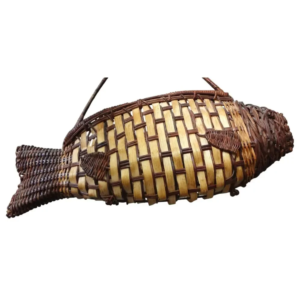 Vintage Mid Century 60s Woven Rattan Wicker FISH Basket Artisan Handcrafted Boho
